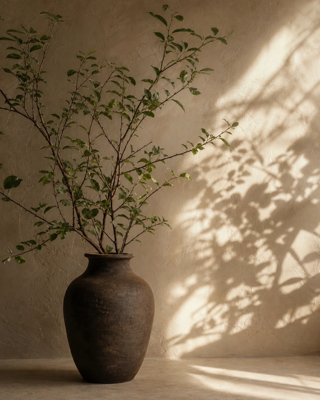 Leafy branches and their shadows in warm natural light