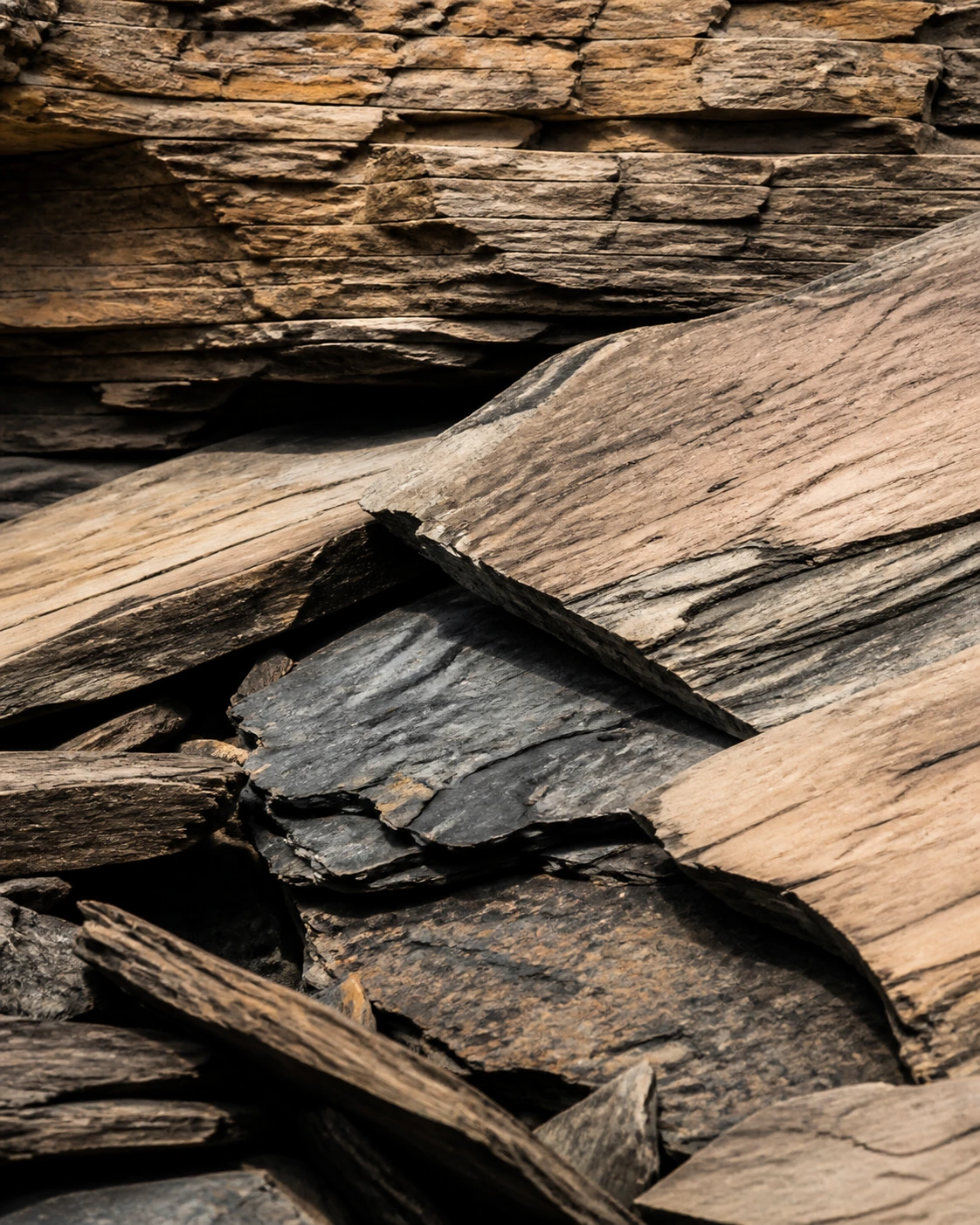 Layered sedimentary stone in earthy neutral tones